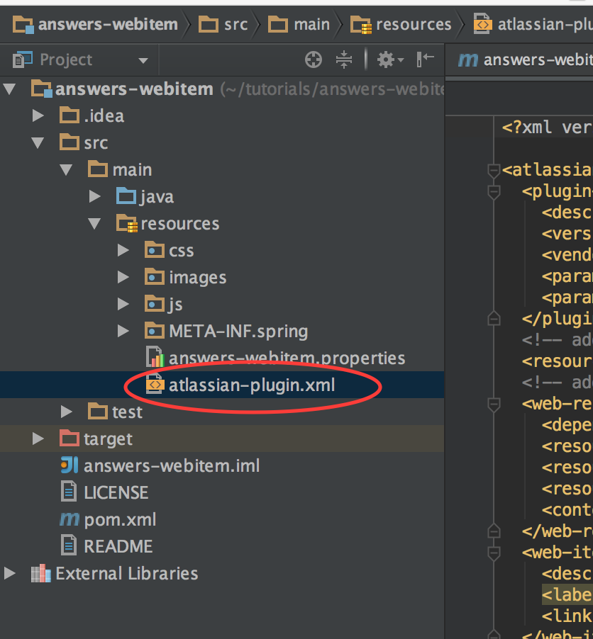 Resources folder will contain javascript, images and mainly your plugin definition file named atlassian-plugin.xml.